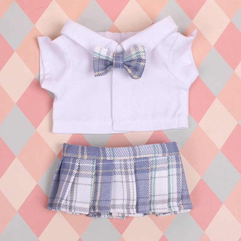 JK Pleated Doll Skirt Sets — JK pleated skirt bow tie shirt 3-piece set - white-blue plaid White Mist