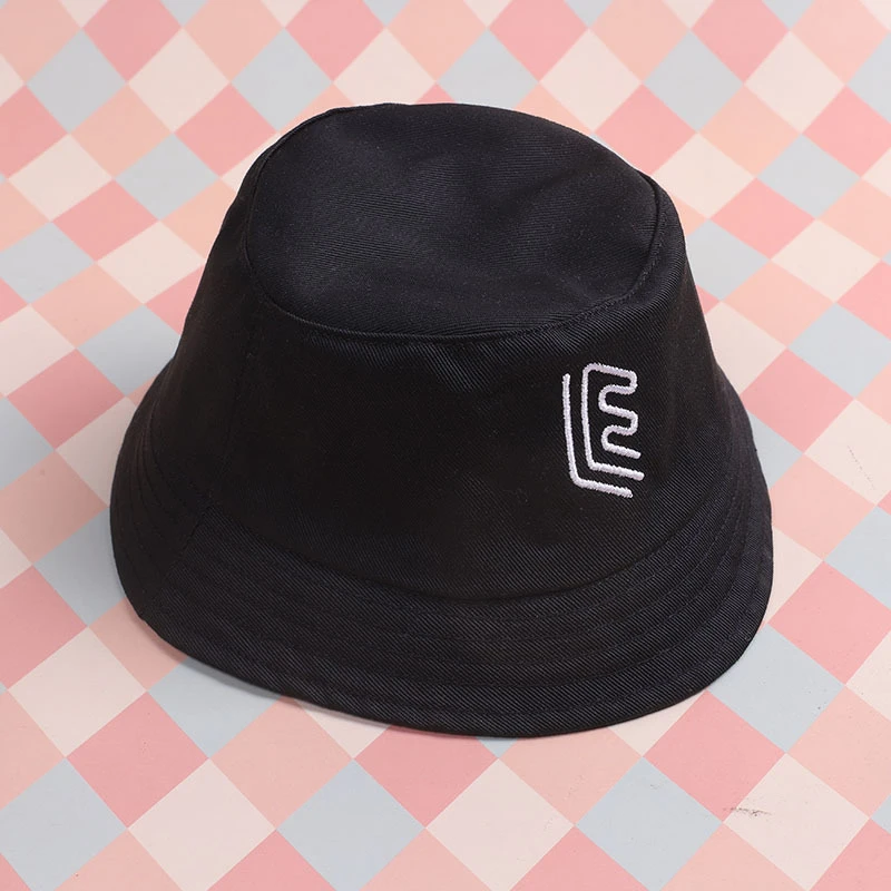 Mini Doll Bucket Hats and Caps — Black E bucket hat embroidered
