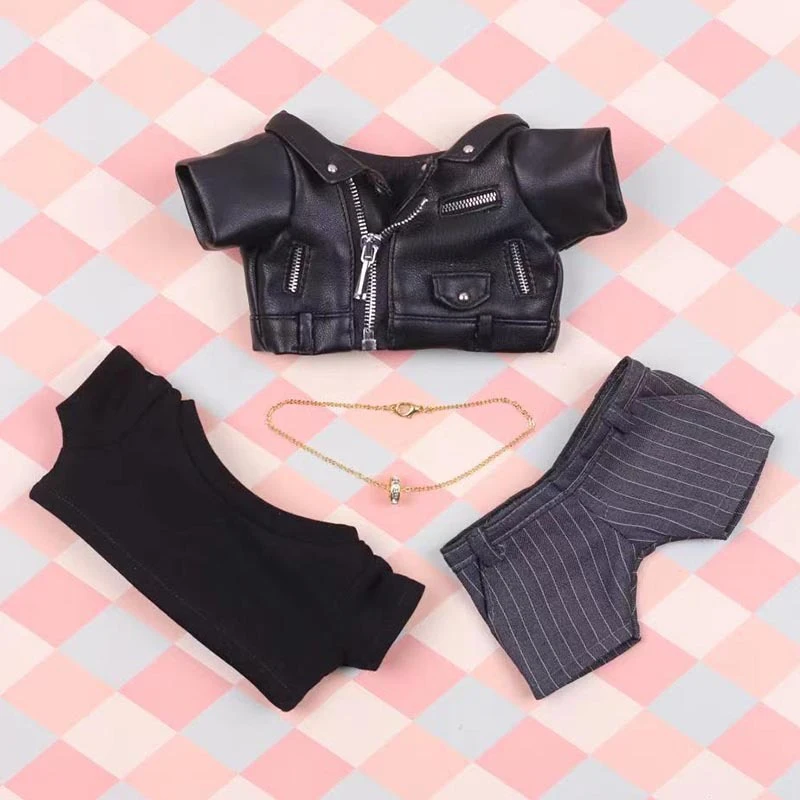 Mini Doll Jacket and Trouser Sets — Black faux leather jacket with dark grey striped suit trousers, 4-piece set