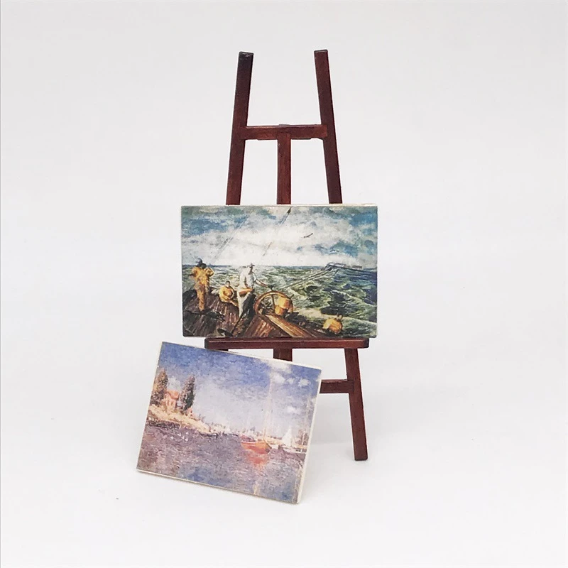 Miniature Easel with Two Paintings — custom doll clothing and miniature accessory
