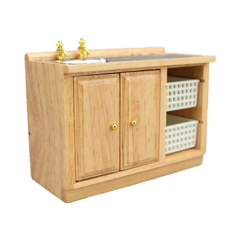 Oak Miniature Bathroom Vanity and Sink — custom doll clothing and miniature accessory
