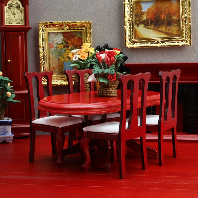 Miniature Oval Dining Table and High-Back Chairs — custom doll clothing and miniature accessory