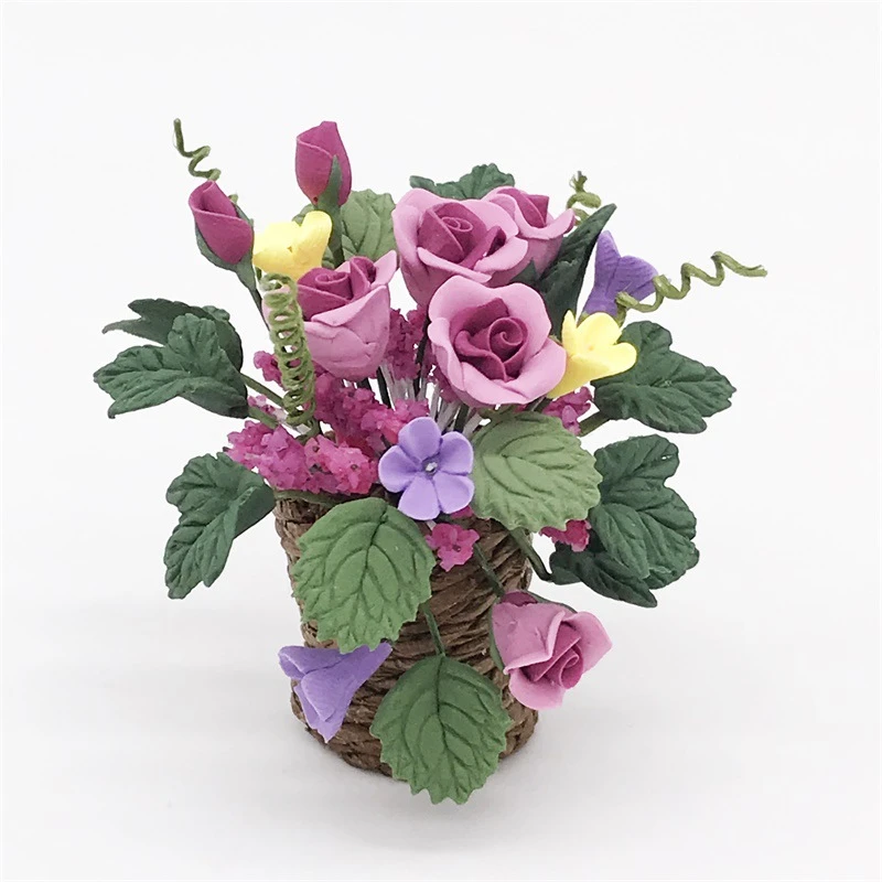 Miniature Rose Bouquet in a Woven Basket — custom doll clothing and miniature accessory