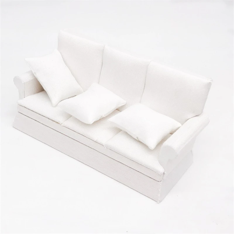 Miniature Three-Seat Sofa with Cushions — miniature furniture reference style